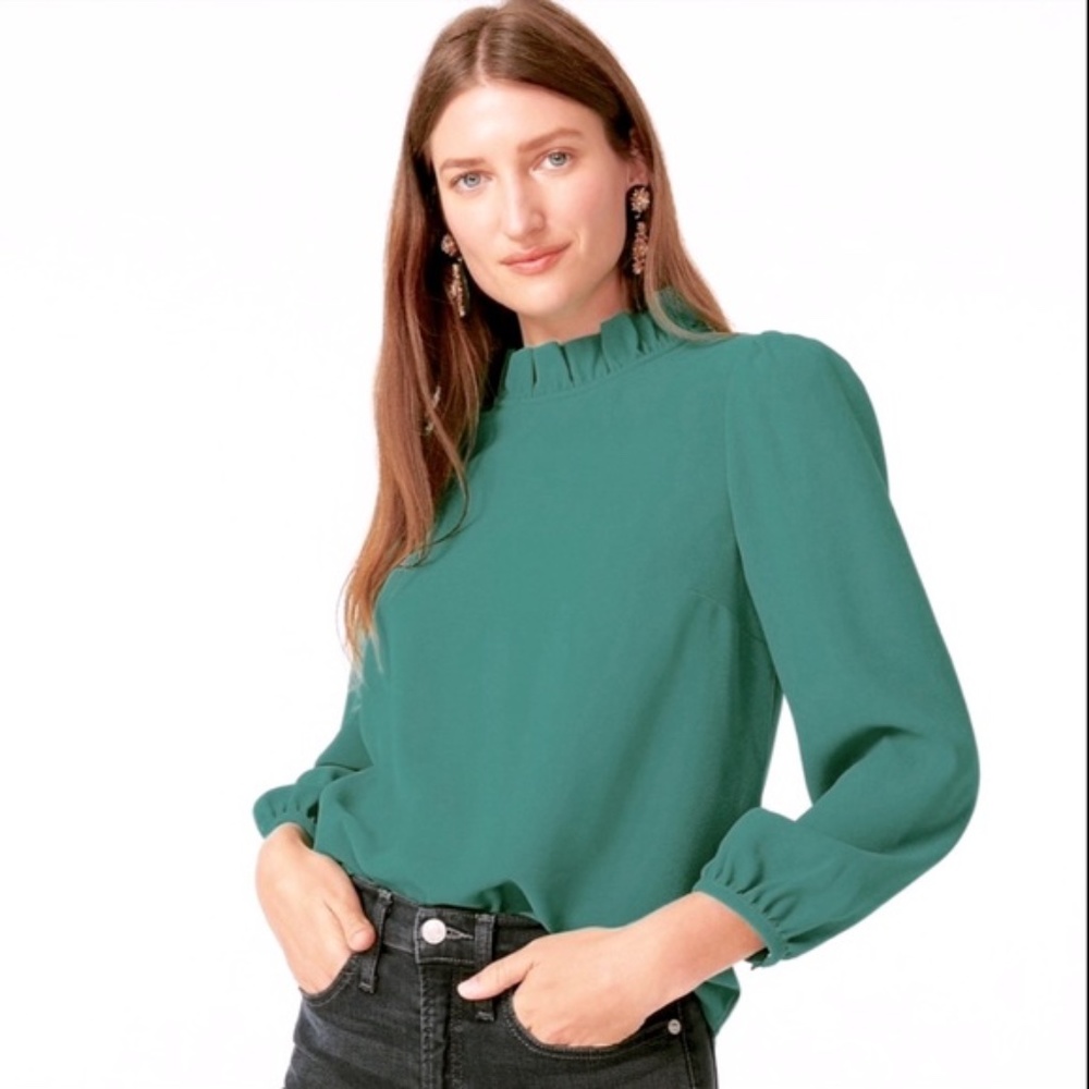 J. Crew Long Sleeve Ruffle Neck Crepe Top Academic Green Size XS